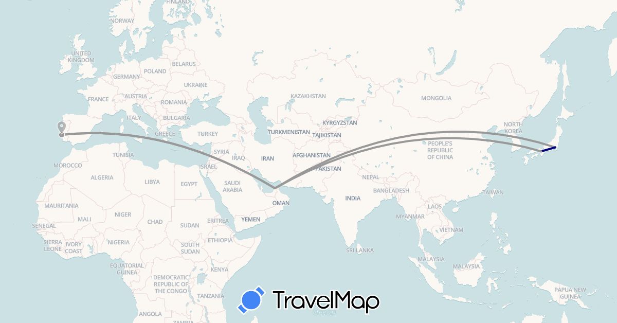 TravelMap itinerary: driving, plane in United Arab Emirates, Japan, Portugal (Asia, Europe)